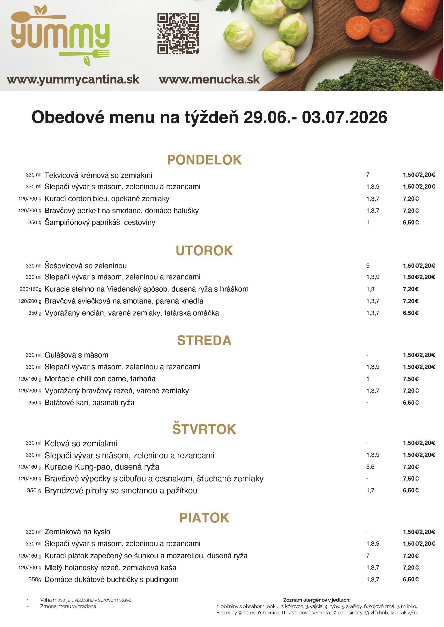 Denné obedové menu kantína Tematínska petržalka