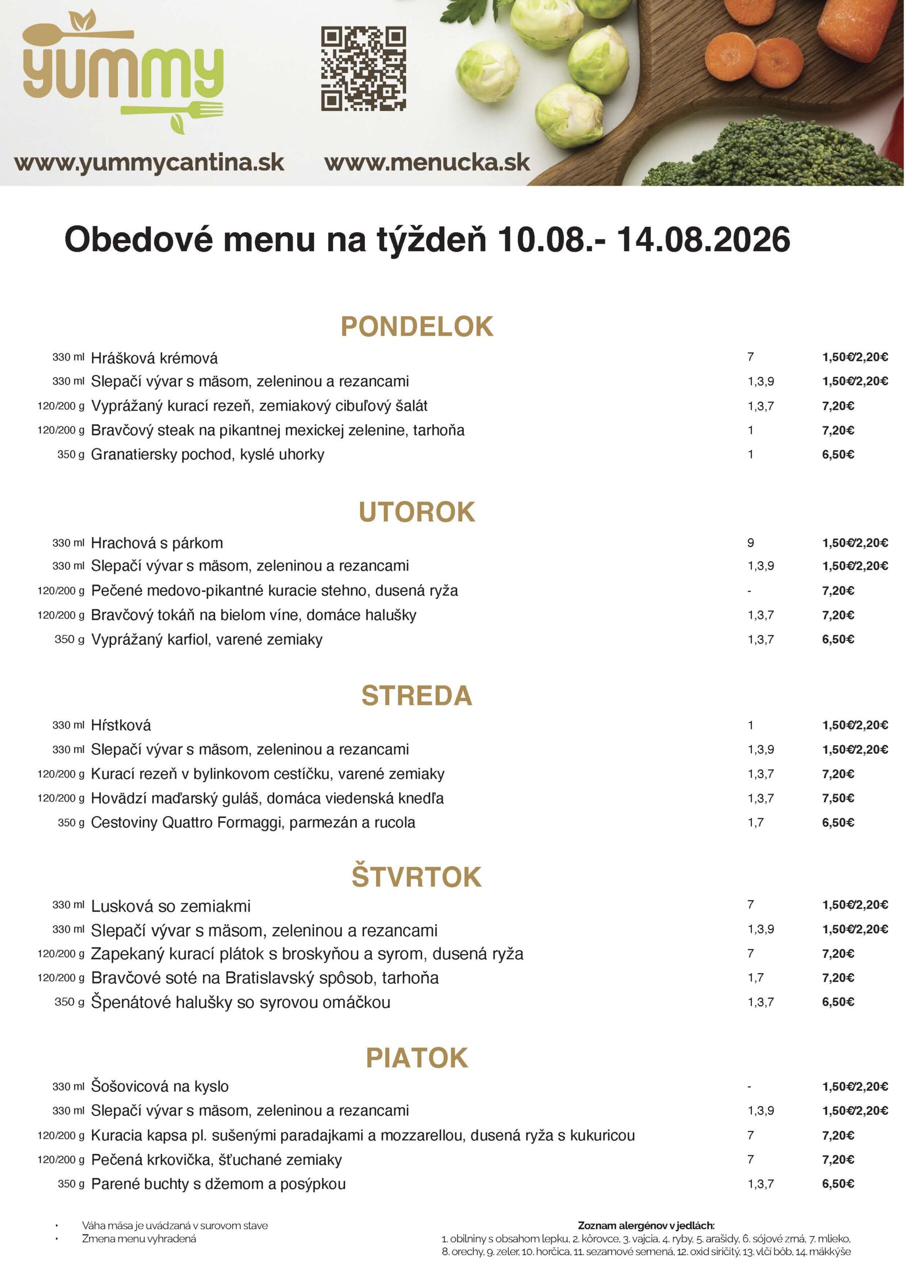 Denné obedové menu kantína Tematínska petržalka