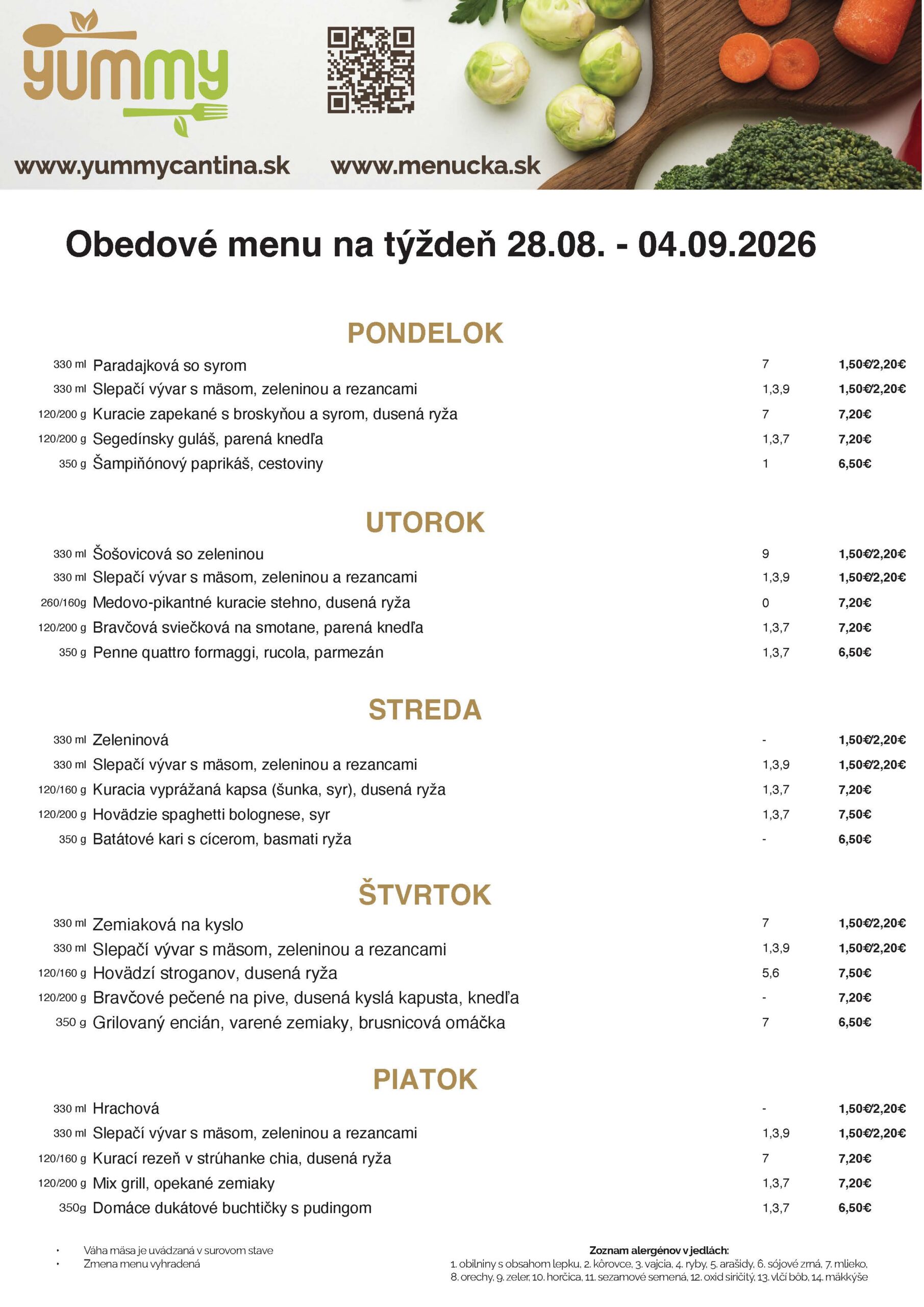 Denné obedové menu kantína Tematínska petržalka